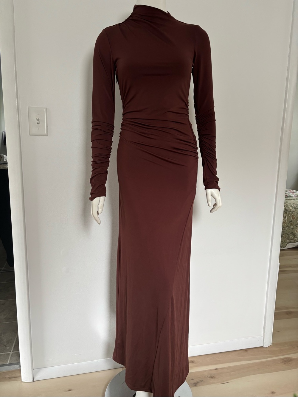 Zara Long Sleeve Ruched Maxi Dress in Brown